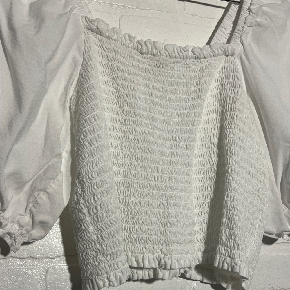 LOFT Womens White Smocked Puff Sleeve Crop Top Large - Picture 4 of 7